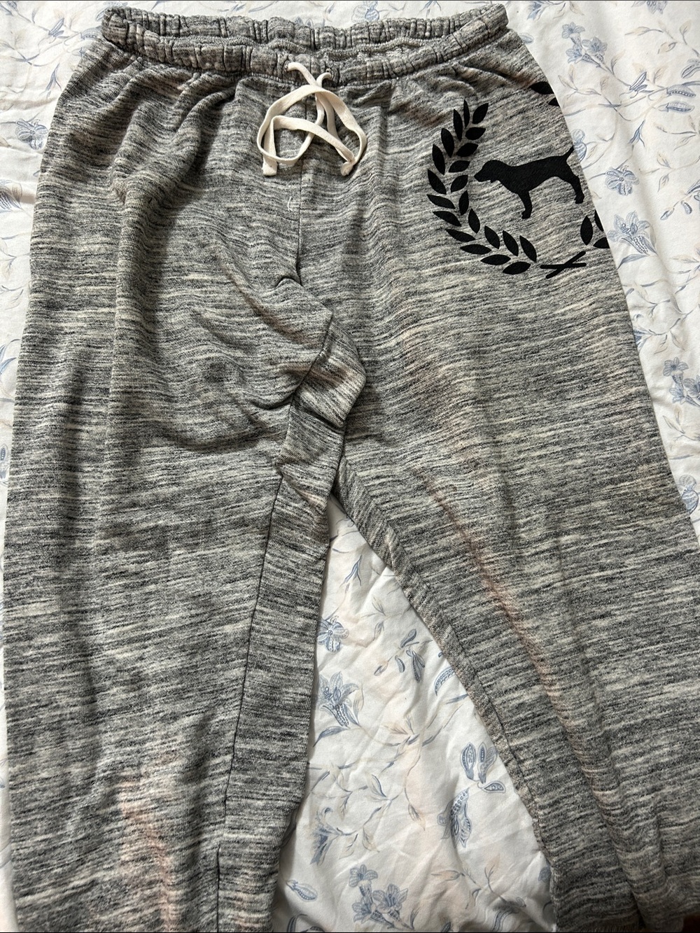 PINK Victoria's Secret Gray Heather Track Joggers with Laurel Dog Graphic